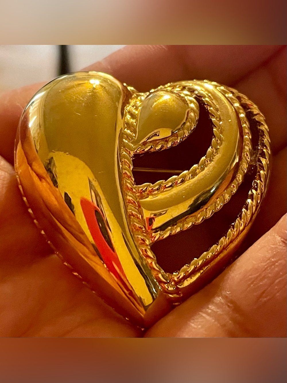 Monet Shiny Gold Heart Brooch with Rope Trim